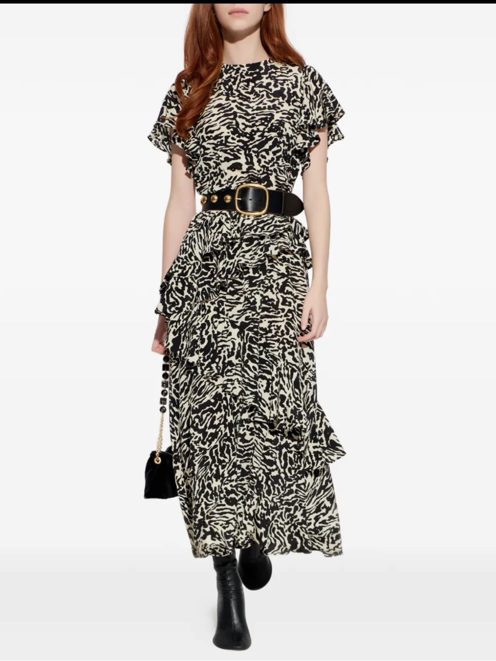 Ulla Johnson Amaia Spotted Jasper Silk Ruffle Midi Dress Black Ivory 6